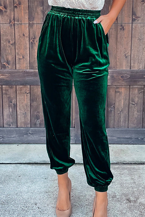 Elastic Waist Velvet Joggers Pants with Pockets Green