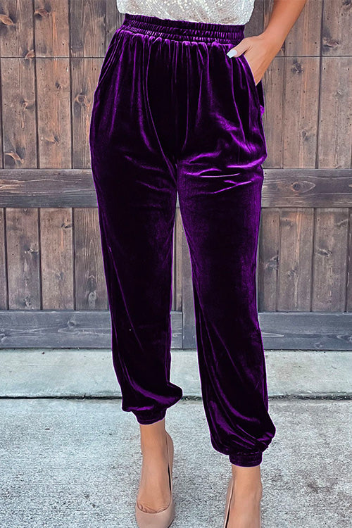 Elastic Waist Velvet Joggers Pants with Pockets Purple