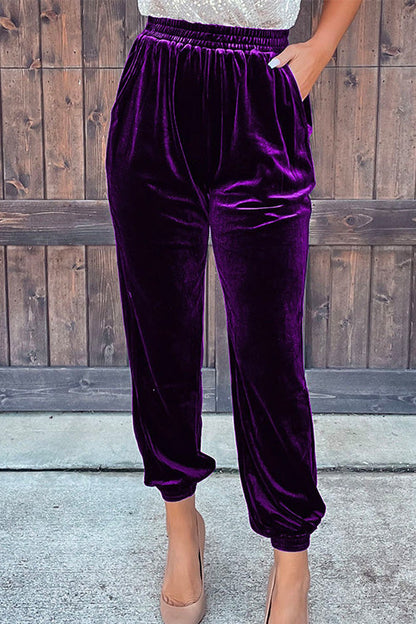 Elastic Waist Velvet Joggers Pants with Pockets Purple