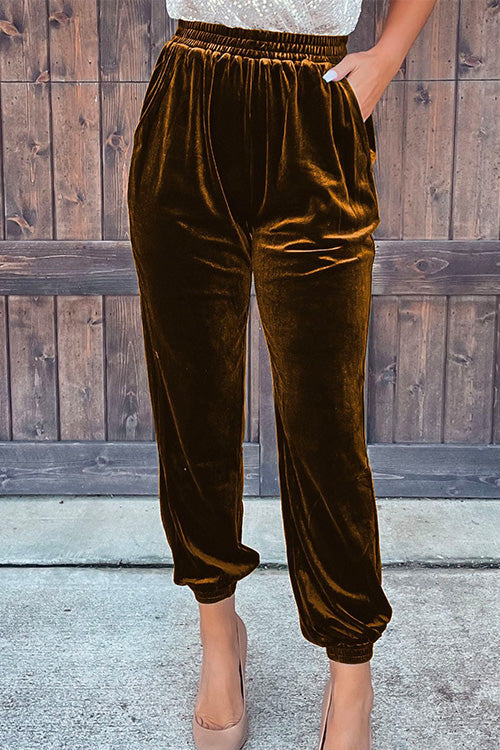 Elastic Waist Velvet Joggers Pants with Pockets Coffee