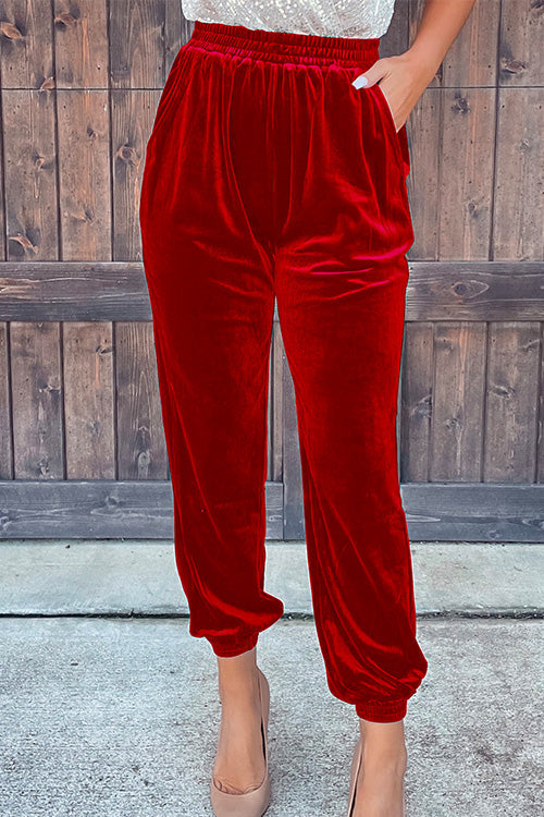 Elastic Waist Velvet Joggers Pants with Pockets Red