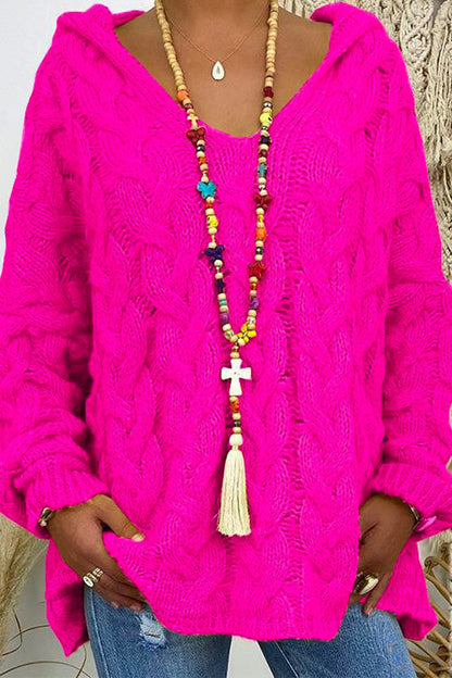 V Neck Long Sleeve Knit Hoodied Sweater HotPink