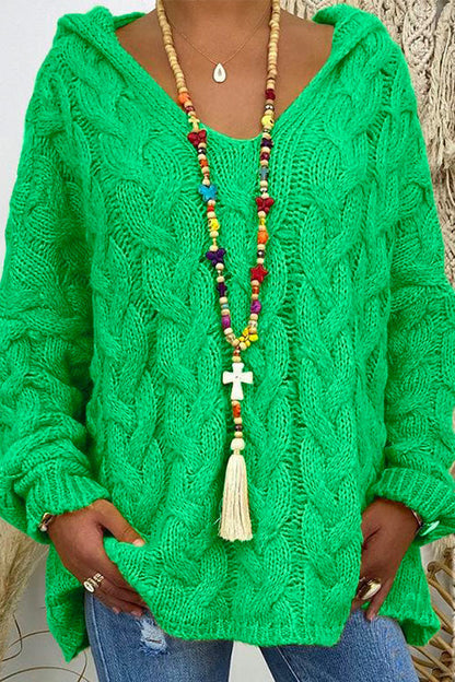 V Neck Long Sleeve Knit Hoodied Sweater Green