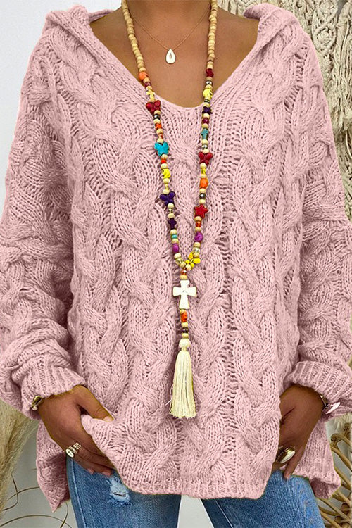 V Neck Long Sleeve Knit Hoodied Sweater Pink