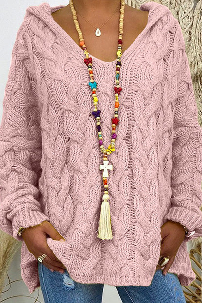 V Neck Long Sleeve Knit Hoodied Sweater Pink