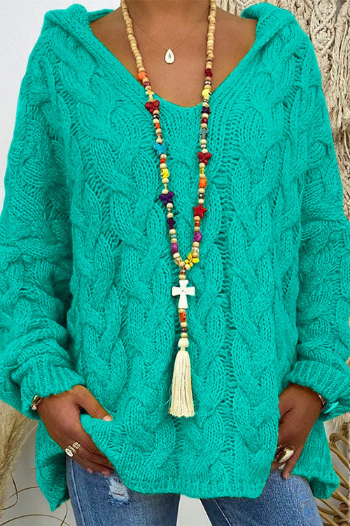 V Neck Long Sleeve Knit Hoodied Sweater LakeBlue