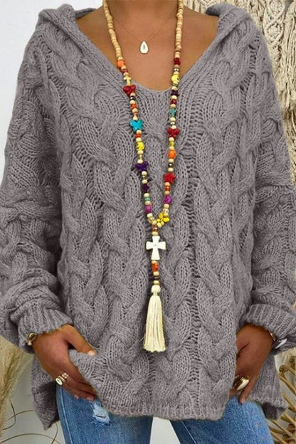 V Neck Long Sleeve Knit Hoodied Sweater DarkGray