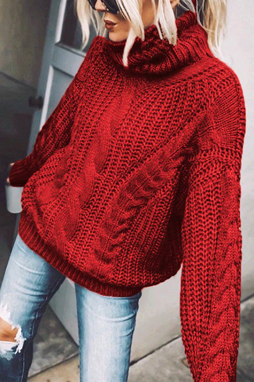 Rosiedress Winter Turtleneck Long Sleeve Solid Knit Sweater BrickRed