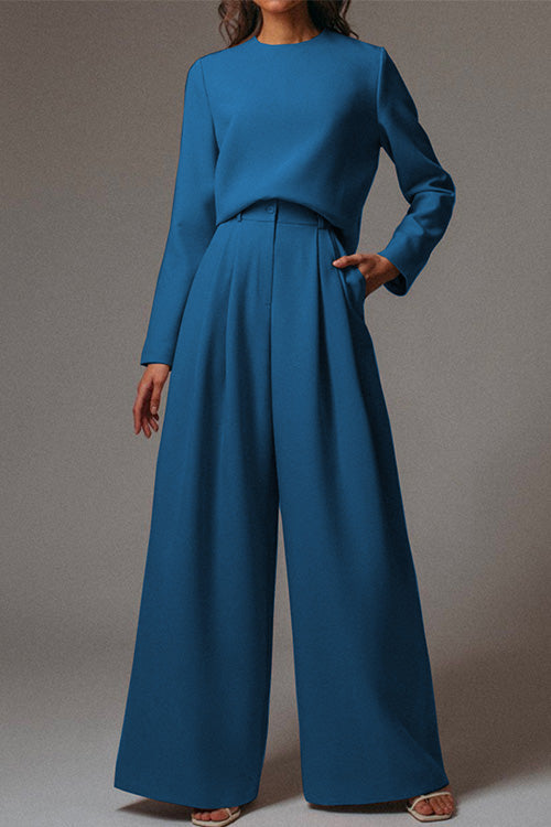 Rosiedress Crewneck Long Sleeve Pullover and Wide Leg Pants Solid Set