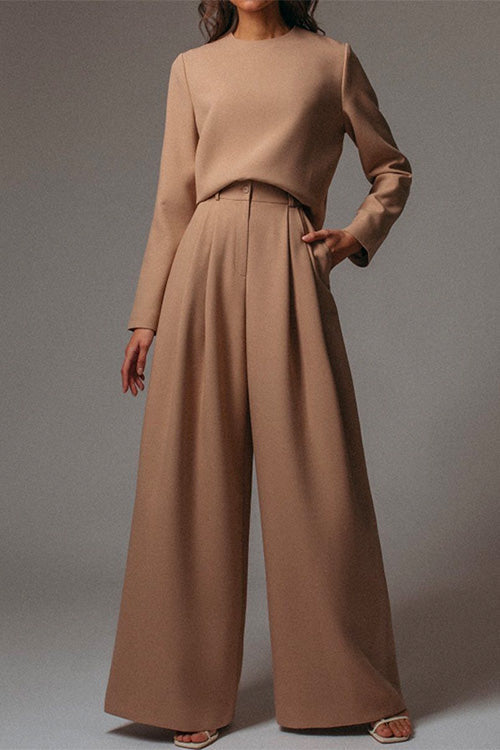 Rosiedress Crewneck Long Sleeve Pullover and Wide Leg Pants Solid Set Coffee