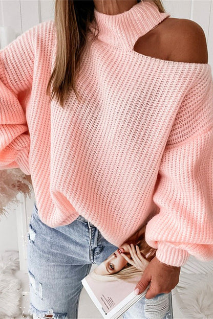 Rosiedress Mockneck Cold Shoulder Long Sleeve Loose Sweater Pink