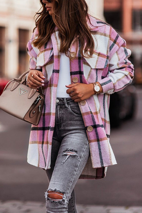 Rosiedress Casual Lapel Button Down Pockets Plaid Cardigans Pink