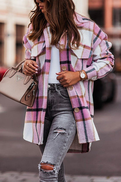 Casual Lapel Button Down Pockets Plaid Cardigans Pink