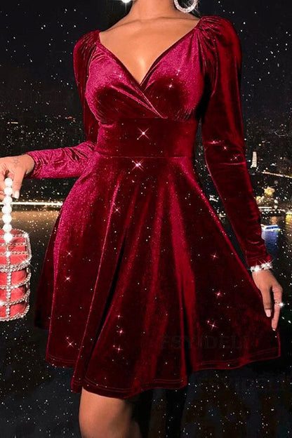 V Neck High Waist Velvet Swing Dress Red