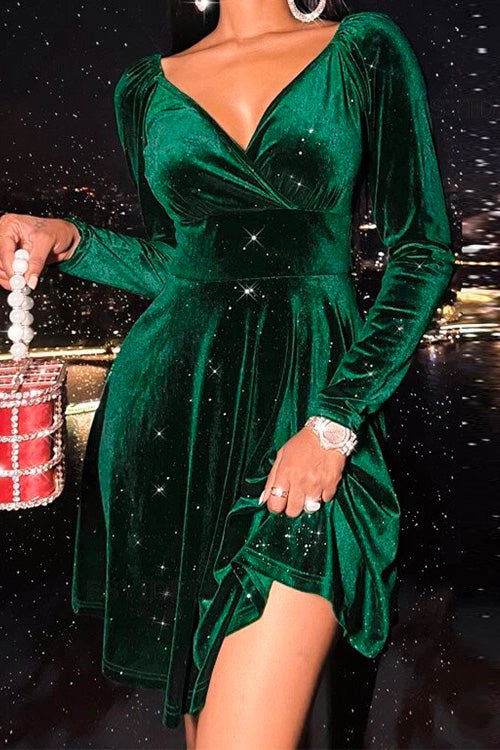 V Neck High Waist Velvet Swing Dress Green