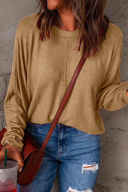 Crewneck Batwing Sleeve Plain Sweatshirt Khaki