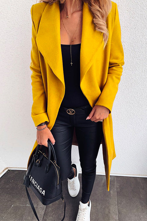 Lapel Open Front Long Sleeve Cardigans Yellow