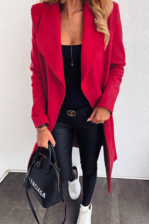 Rosiedress Lapel Open Front Long Sleeve Cardigans Red