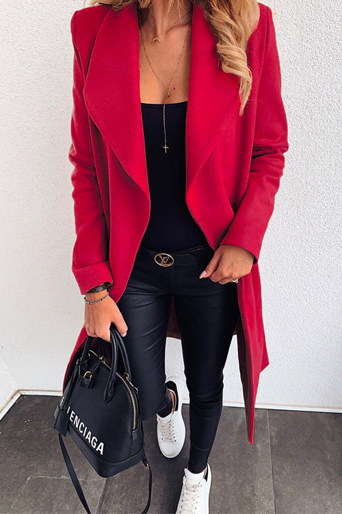 Lapel Open Front Long Sleeve Cardigans Red