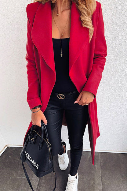 Lapel Open Front Long Sleeve Cardigans Red