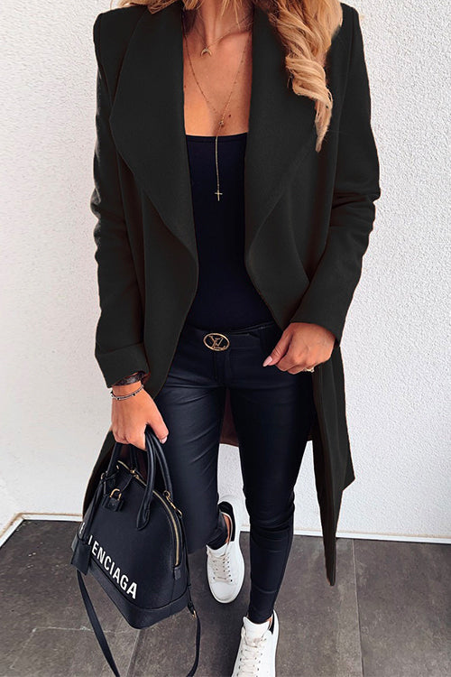 Lapel Open Front Long Sleeve Cardigans Black