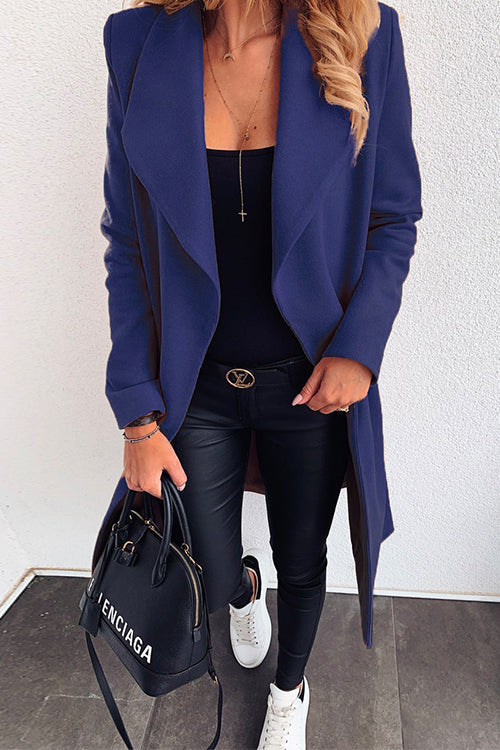 Rosiedress Lapel Open Front Long Sleeve Cardigans DarkBlue