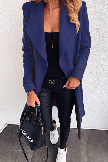 Lapel Open Front Long Sleeve Cardigans DarkBlue