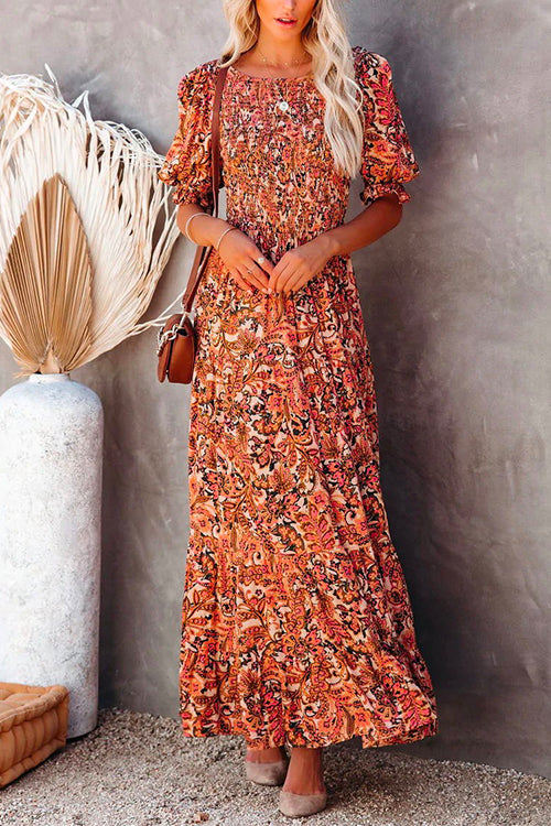 Rosiedress Half Sleeve Elastic Frilled Waist Swing Printed Dress Orange