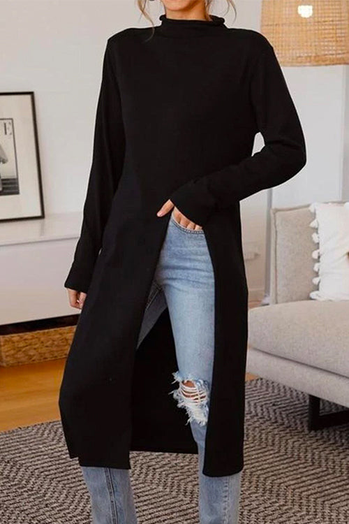 Rosiedress Solid Turtleneck Long Sleeve High Split Dresses