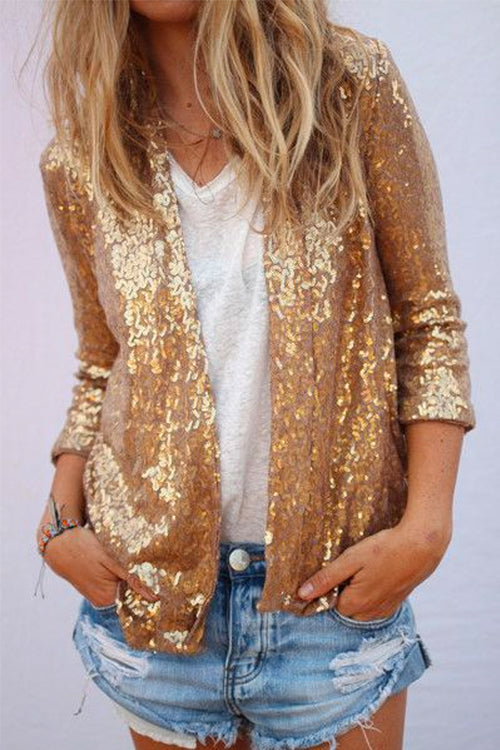 Rosiedress Open Front Long Sleeve Sequin Cardigans Gold