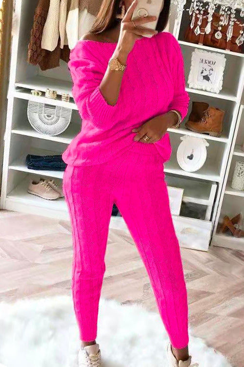 Crewneck Long Sleeve Sweater and Slim Fit Pants Solid Set HotPink