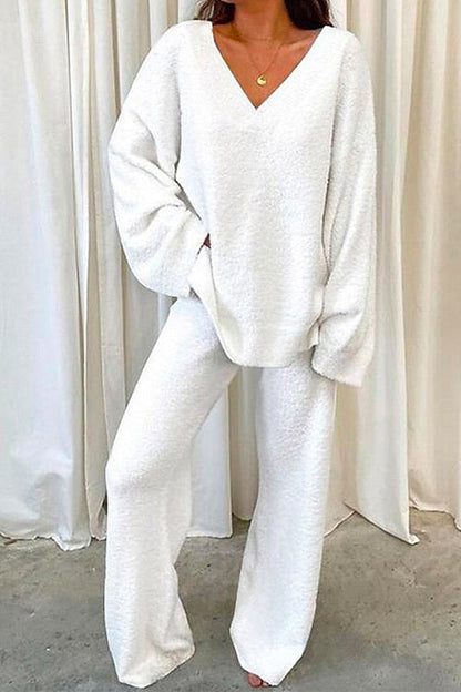 V Neck Batwing Sleeve Top and Straight Leg Pants Loungewear Set White