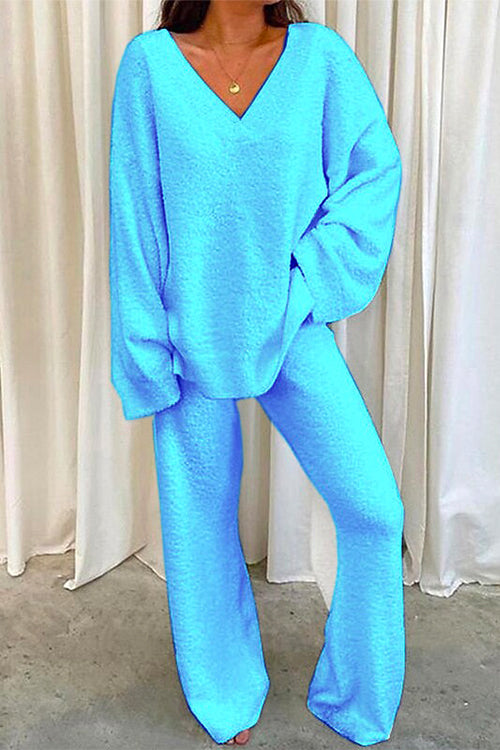 V Neck Batwing Sleeve Top and Straight Leg Pants Loungewear Set LightBlue