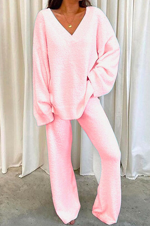 V Neck Batwing Sleeve Top and Straight Leg Pants Loungewear Set Pink