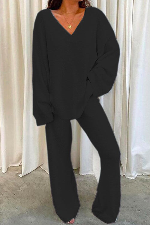 Rosiedress V Neck Batwing Sleeve Top and Straight Leg Pants Loungewear Set Black