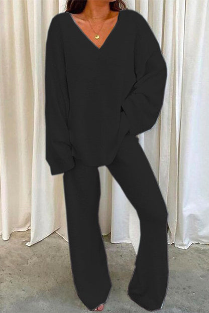 V Neck Batwing Sleeve Top and Straight Leg Pants Loungewear Set Black