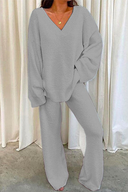 V Neck Batwing Sleeve Top and Straight Leg Pants Loungewear Set LightGray