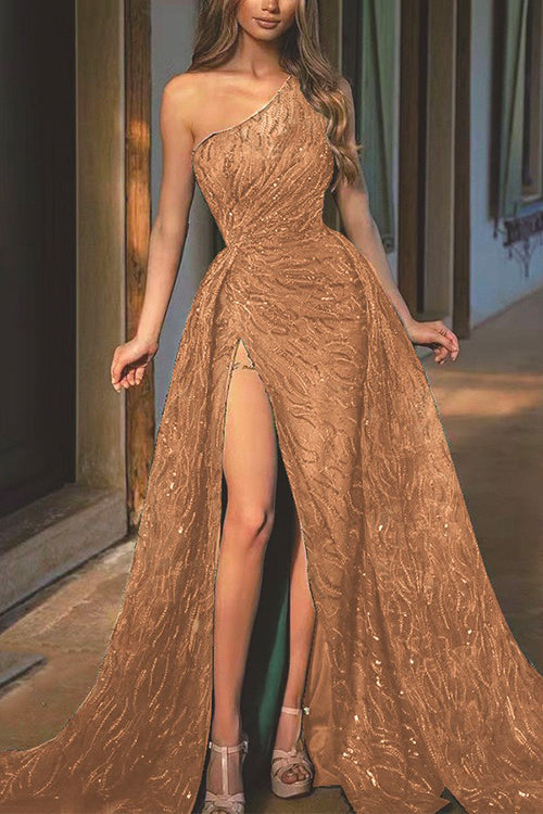 Rosiedress One Shoulder High Split Sequin Party Dress Gold