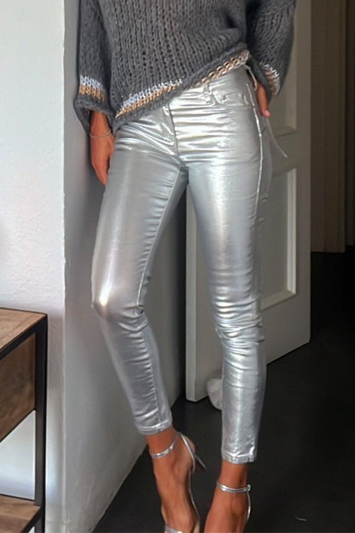 Rosiedress Slim Fit Faux Leather Leggings Pants with Pockets Silver