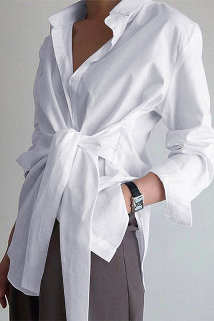 Lapel Long Sleeve Button Down Knot Front Shirt White