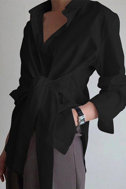 Lapel Long Sleeve Button Down Knot Front Shirt Black