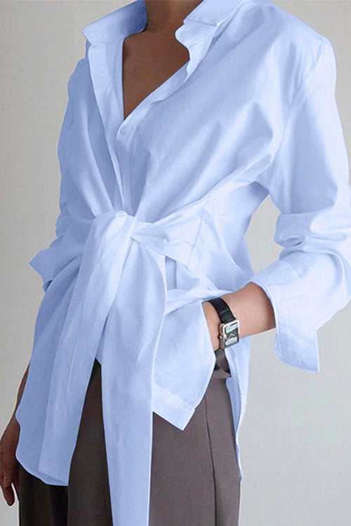 Rosiedress Lapel Long Sleeve Button Down Knot Front Shirt LightBlue