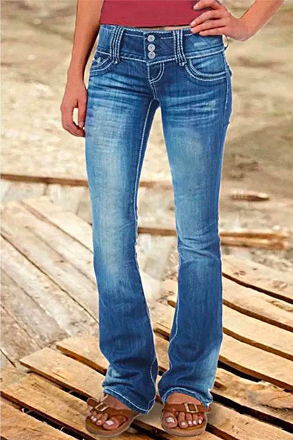 Button Down Bell Bottom Jeans with Pockets MidBlue