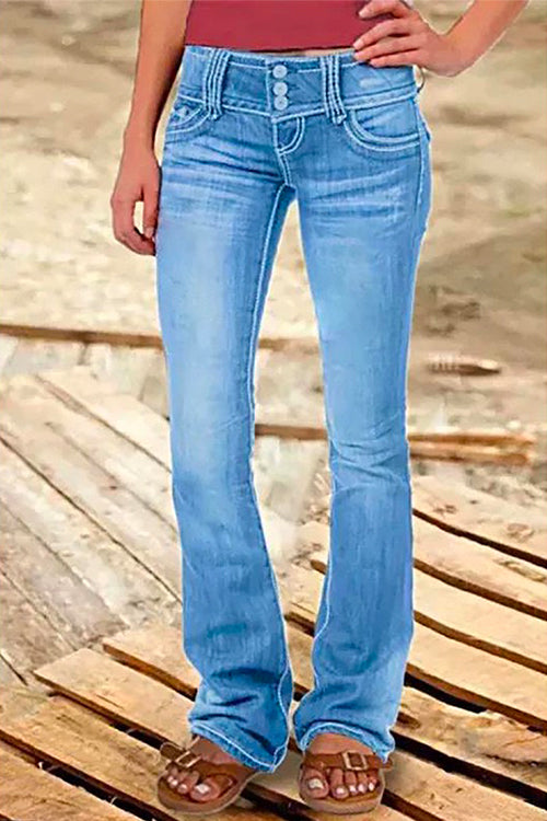 Button Down Bell Bottom Jeans with Pockets LightBlue
