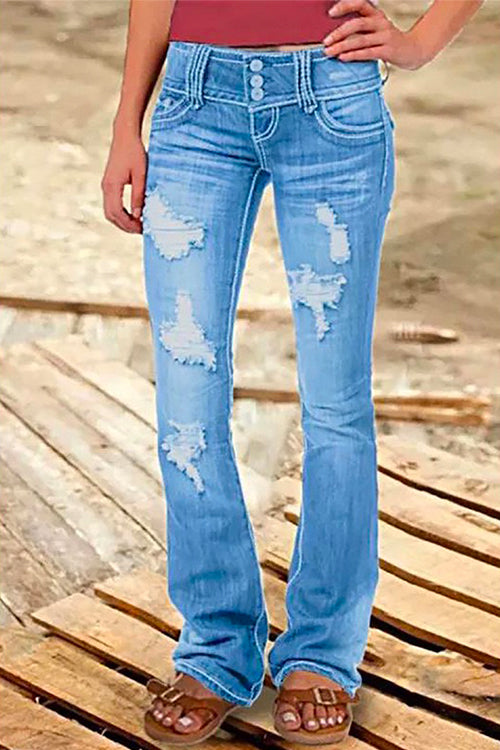 Button Down Distressed Ripped Jeans with Pockets LightBlue