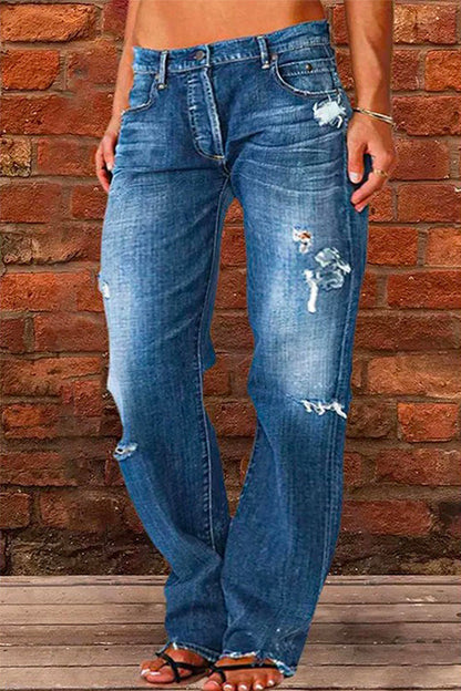 Casual One Button Ripped Jeans with Pockets DarkBlue