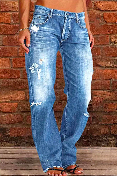 Rosiedress Casual One Button Ripped Jeans with Pockets Blue