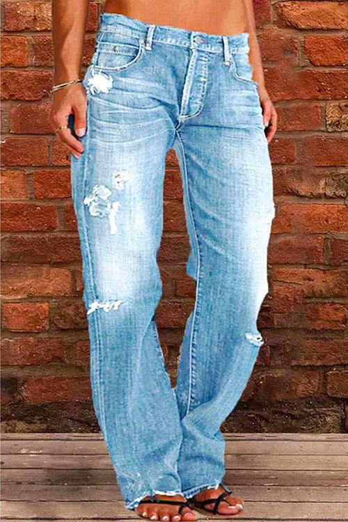 Rosiedress Casual One Button Ripped Jeans with Pockets LightBlue