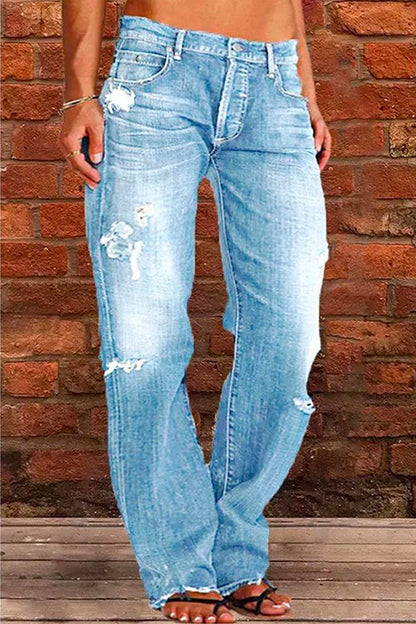 Casual One Button Ripped Jeans with Pockets LightBlue