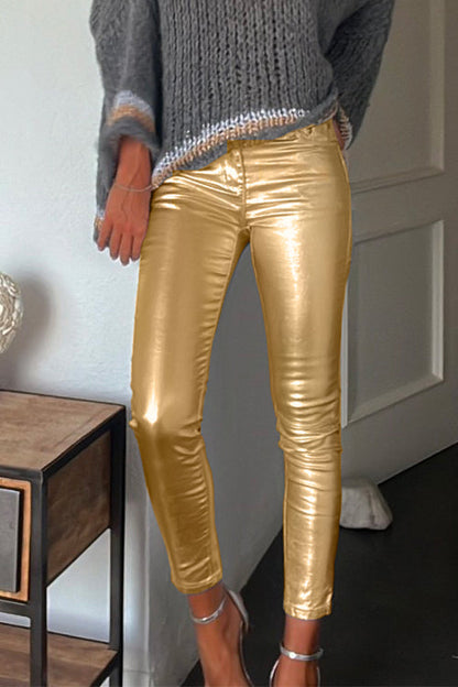 Rosiedress Slim Fit Faux Leather Leggings Pants with Pockets Gold